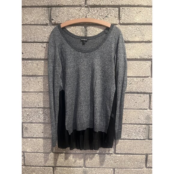 Express Tops - Express Gray Knit Top With Black Sheer Pleated Hemline Long Sleeves Womens M